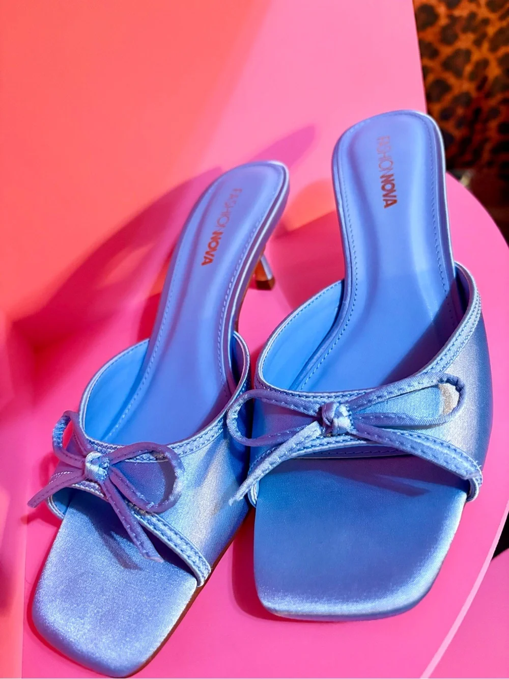 Fashion Nova Satin Bow Mule Heels in Periwinkle Blue